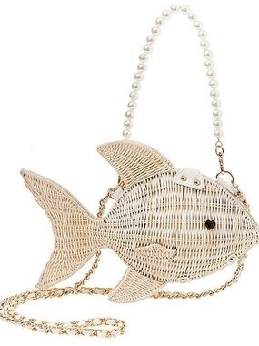 Woven Fish-Shaped Crossbody Bag in Natural Beige